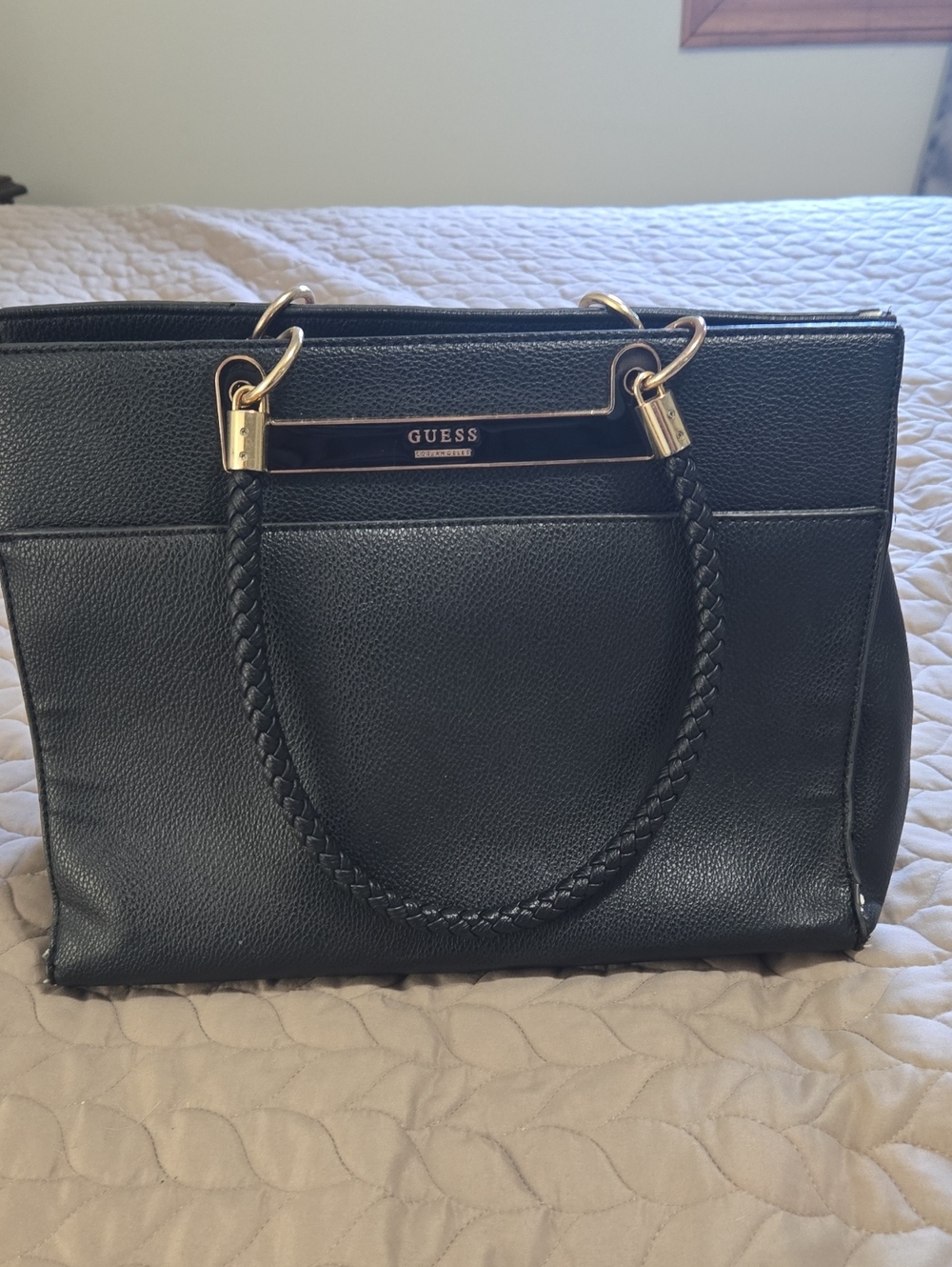 GUESS Black Braided-Handle Tote Bag